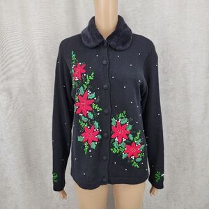 Victoria Jones Y2K Black Knit Poinsettia Christmas Cardigan Faux Fur Collar